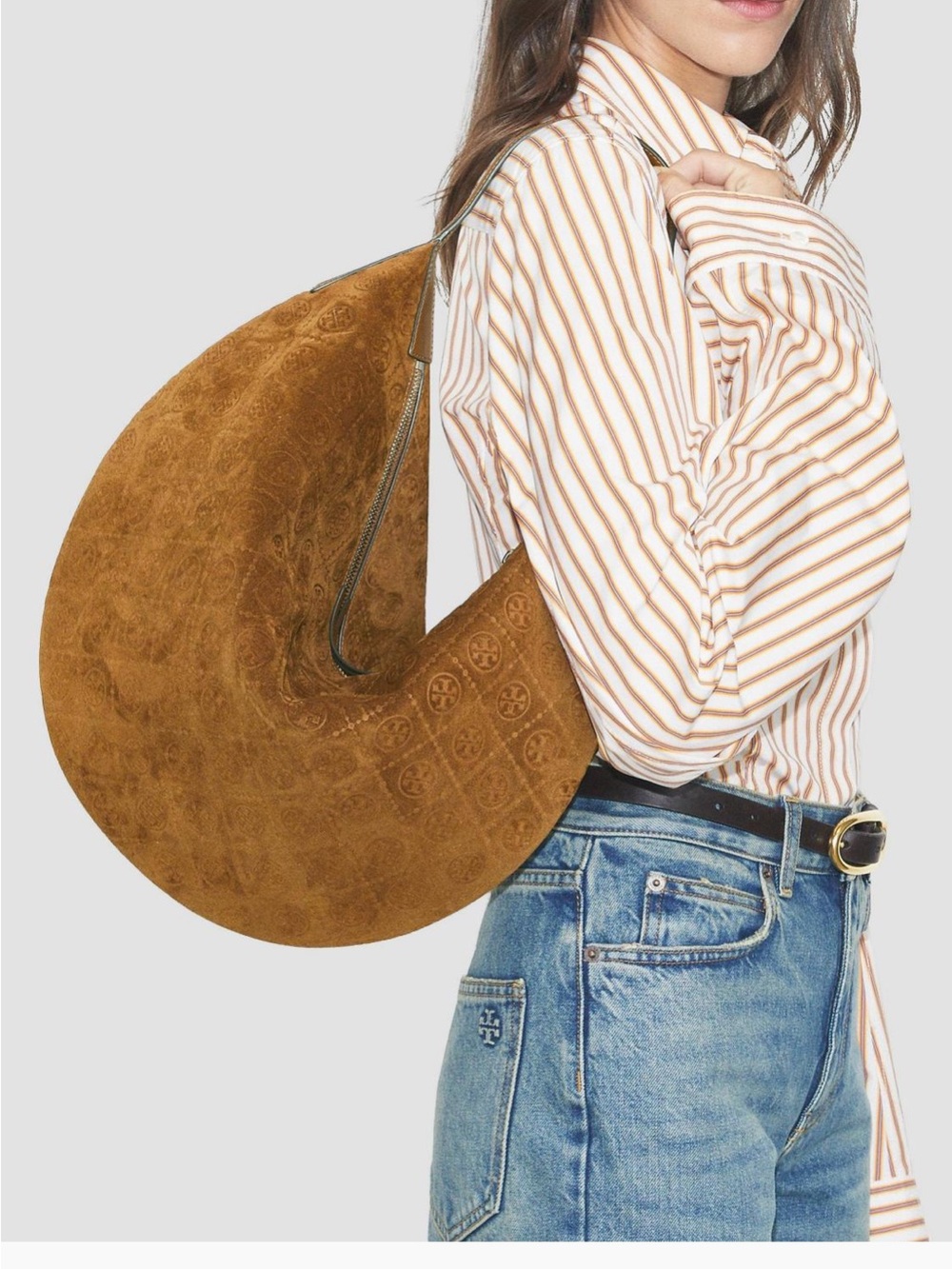 Tory Burch T Monogram Suede Hobo Bag in Cognac